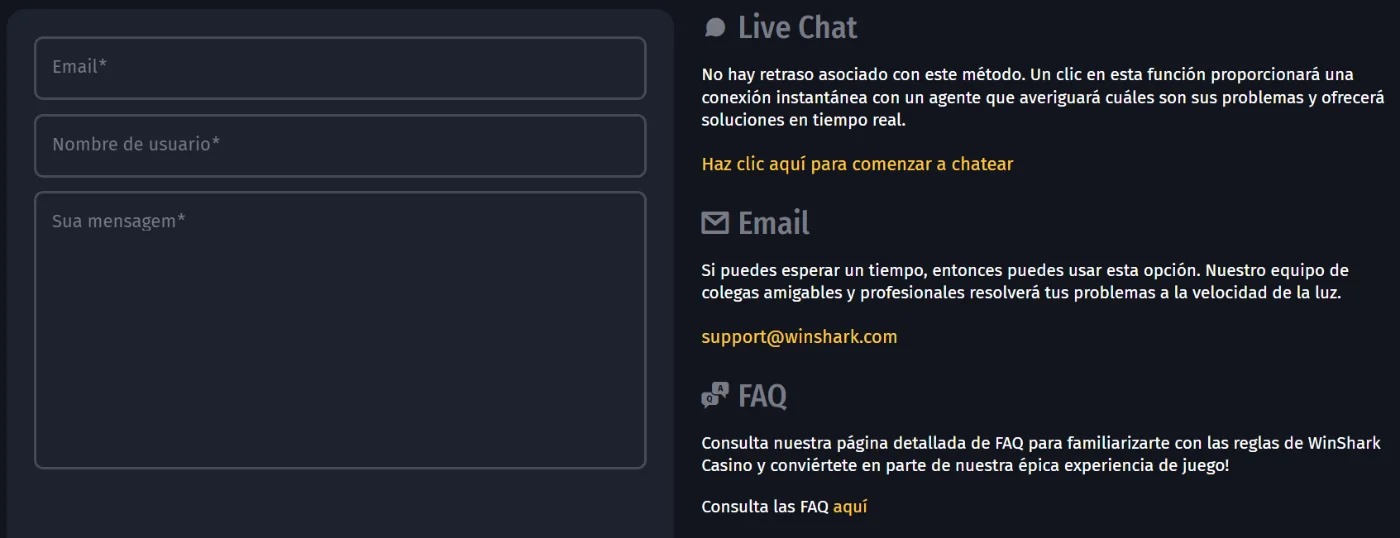 Winshark Casino Soporte al Jugador
